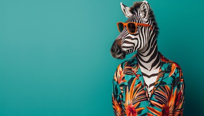 Naklejka premium Zebra in trendy orange sunglasses and colorful hawaiian shirt for a chic and stylish look