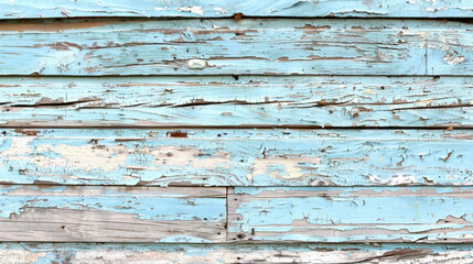 A blue and white wooden wall with peeling paint. The wall is old and has a rustic feel to it