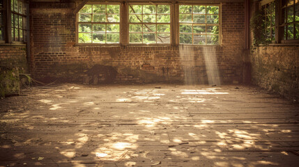 A large room with a brick wall and a window. The room is empty and has a lot of sunlight coming in through the window