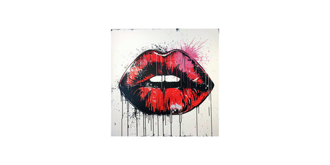 A pair of lips, half red and the other dark purple, with splashes of lipstick on them against a white background