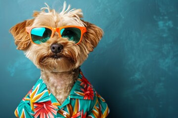 Fashionable dog in vibrant orange sunglasses and colorful hawaiian shirt exuding style