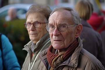 Portrait of an elderly couple with glasses in a city street.