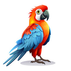 Fototapeta premium Colorful cartoon parrot with vivid red, yellow, and blue plumage, perched and looking curiously, isolated on white. Generative AI