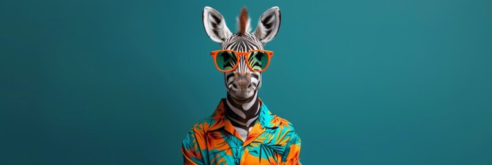 Fototapeta premium Stylish zebra dons orange sunglasses and vibrant hawaiian shirt for a fashionable appearance