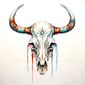 Boho Bull skull watercolor isolated on white background