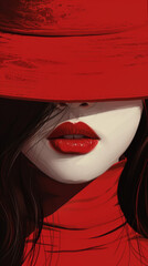 A woman with a red hat and red lips