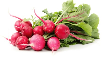 Close up of vibrant red radishes on a white background