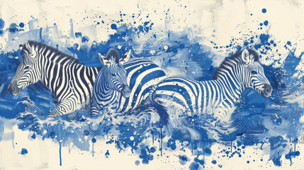 Fototapeta na wymiar Three zebras are swimming in the ocean. The blue and white stripes of the zebras contrast with the blue and white background. The scene is peaceful and serene