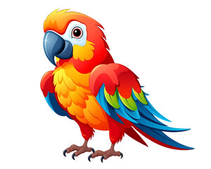 Fototapeta premium Colorful cartoon parrot with vivid red, yellow, and blue plumage, perched and looking curiously, isolated on white. Generative AI