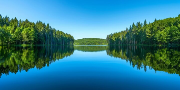 green trees and reflection in lake with blue sky background, design for banner poster wallpaper decoration