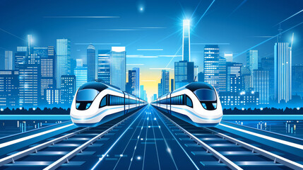Two trains are traveling down a track in a city. The trains are blue and white. The city is lit up at night