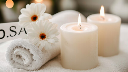 A white candle and a white towel are placed on a table