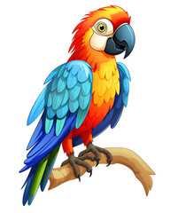 Fototapeta premium A radiant cartoon macaw with a vivid orange and blue plumage, perched on a branch. Generative AI
