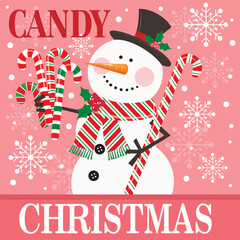 Christmas card design with cute snowman and candy cane