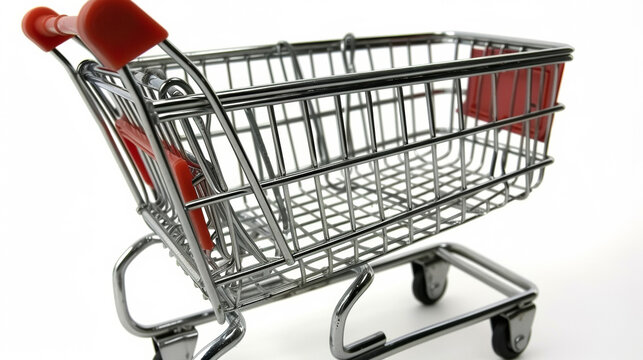 A shopping cart with red handles and a silver basket