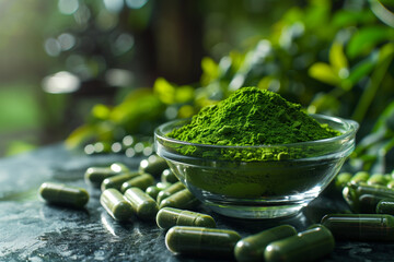 Green herbal capsules and powder in glass bowl with leaf and plants on background. Herbal supplement kratom, spirulina or moringa.