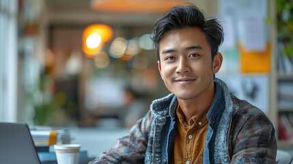 A positive and smiling young Japanese businessman in a professional office, exuding confidence and success.