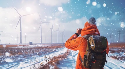 An optimistic construction worker in a bright, snow-covered solar field, adjusting a hat while looking towards the horizon where wind turbines line the backdrop, styled as a vibrant oil painting. - obrazy, fototapety, plakaty