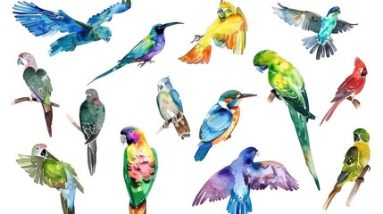 Illustration of Group of colorful birds with white background.