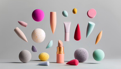 Flying makeup sponges and cosmetics on grey background