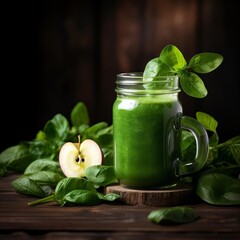 A mason jar filled with a green smoothie next to a cut apple and basil leaves.