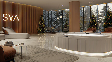 A spa room with a large white bathtub and a sign that says SVA. The room is decorated with Christmas trees and has a cozy, relaxing atmosphere