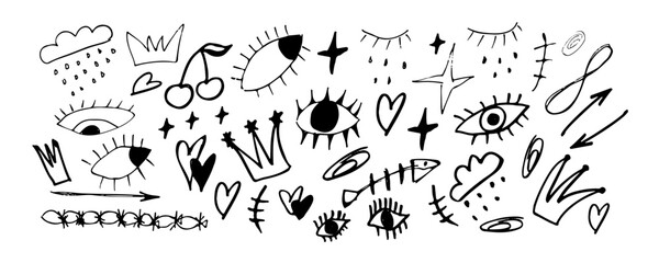 Hand drawn abstract scribble doodle. Abstract arrows, ribbons, crowns, hearts, eyes and other elements in hand drawn style for concept design. Doodle illustration. Vector template for decoration.