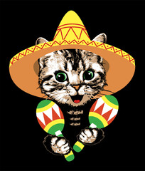 Cat kitten portrait in sombrero and with maracas. Vector illustration.