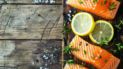salmon with lemon from top view, with empty copy space food advertising