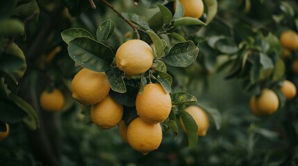 Bunch of fresh ripen lemons hanging on a tree