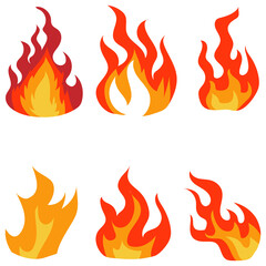 Fire icon set. Fire flame symbol isolated on transparent background.