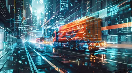 Foto op Plexiglas A bright orange truck is driving down a wet city street. The scene is a futuristic cityscape with tall buildings and a bright neon sky. The truck is the main focus of the image © Cloudyew