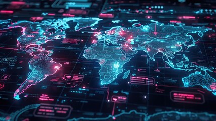 Digital Business World Neon Map Highlighting Technology