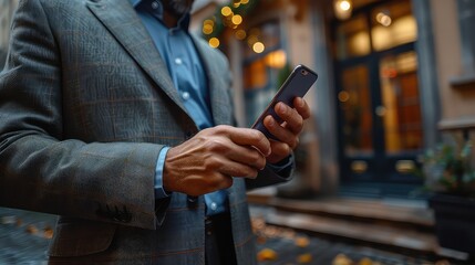 Close-up of unrecognizable Black architect standing with sketch and using internet on smartphone