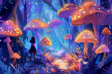 Obraz na płótnie Canvas A girl is walking through a forest filled with large orange mushrooms. The scene is vibrant and colorful, with the mushrooms glowing in the dark