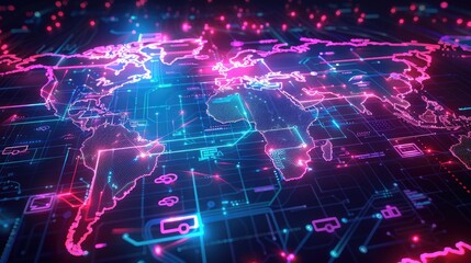 Obraz premium Digital Landscape Neon World Map with Tech Icons