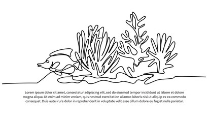 Continuous line design of  fish habitat on coral reefs . Single line decorative elements drawn on a white background.