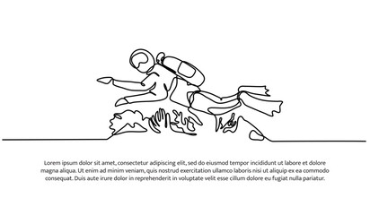 Continuous line design of   exploring diving around coral reefs. Single line decorative elements drawn on a white background.