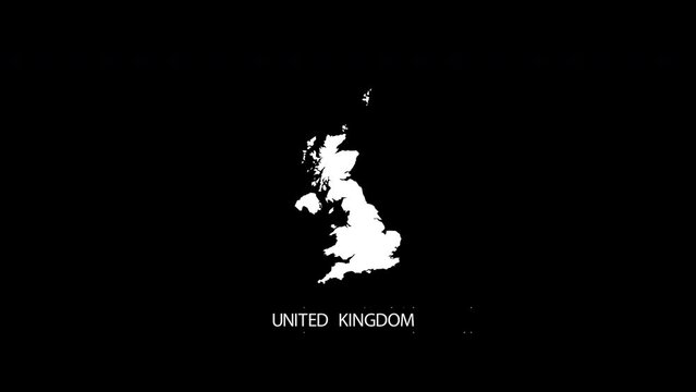 Digital revealing and zooming in on United Kingdom Country Map Alpha video with Country Name revealing background | United Kingdom country Map and title revealing alpha video for editing template