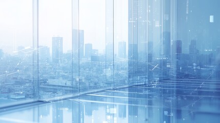 Obraz premium Abstract Window of Modern Business Office Building with Blurred Glass Wall for Business Concept Background. Perspective View, Aerial Shot, Blurry Corporate Workspace. Blue-Toned Abstract Window.4k