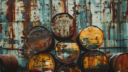 Colorful oil barrels stacked on each other