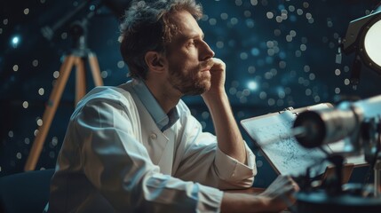 Obraz premium Astrophysicist in an observatory, captivated, studying celestial charts, awe and wonder present, styled as a minimalist professional portrait.