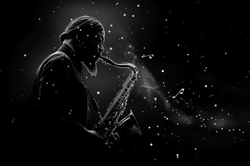 Man playing a saxophone with notes flying out of it on the theme of World Music Day - obrazy, fototapety, plakaty
