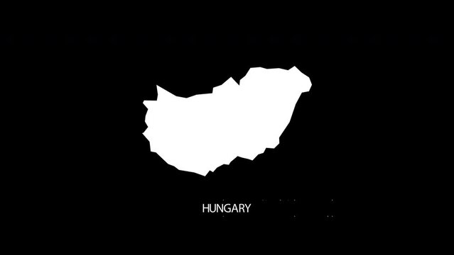 Digital revealing and zooming in on Hungary Country Map Alpha video with Country Name revealing background | Hungary country Map and title revealing alpha video for editing template conceptual