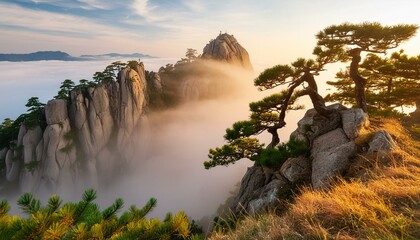 a mist-covered mountain peak, where ancient pine trees cling to rocky cliffs, shrouded in secrecy.