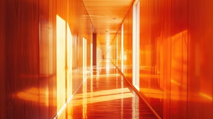 A Brightly Lit Wooden Corridor in Orange Tones for an Open Space Atmosphere