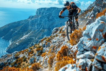 Fototapeta premium Downhill mountain biking on a rocky mountainside with a view of the sea