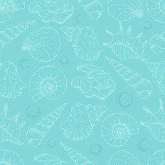 Marine seamless pattern of sea shells on pastel turquoise background. Seashells and conchs, hand drawn lines and dots texture. Vector print for fabric, wallpaper and package of undersea design.