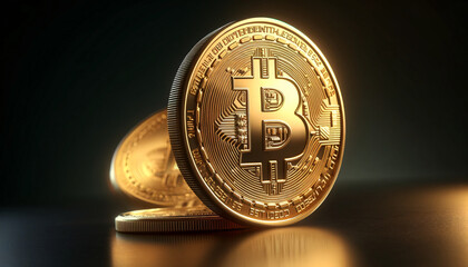 golden Bitcoin coins. One coin stands upright, prominently in the foreground