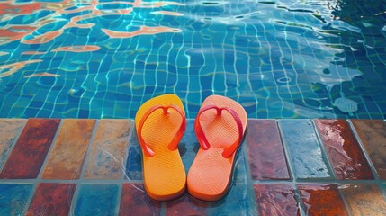 Colorful flip flops perched on the pool s edge - obrazy, fototapety, plakaty